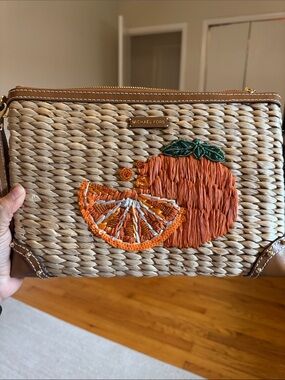 Michael Kors Woven Straw Wristlet with Orange Embroidery
